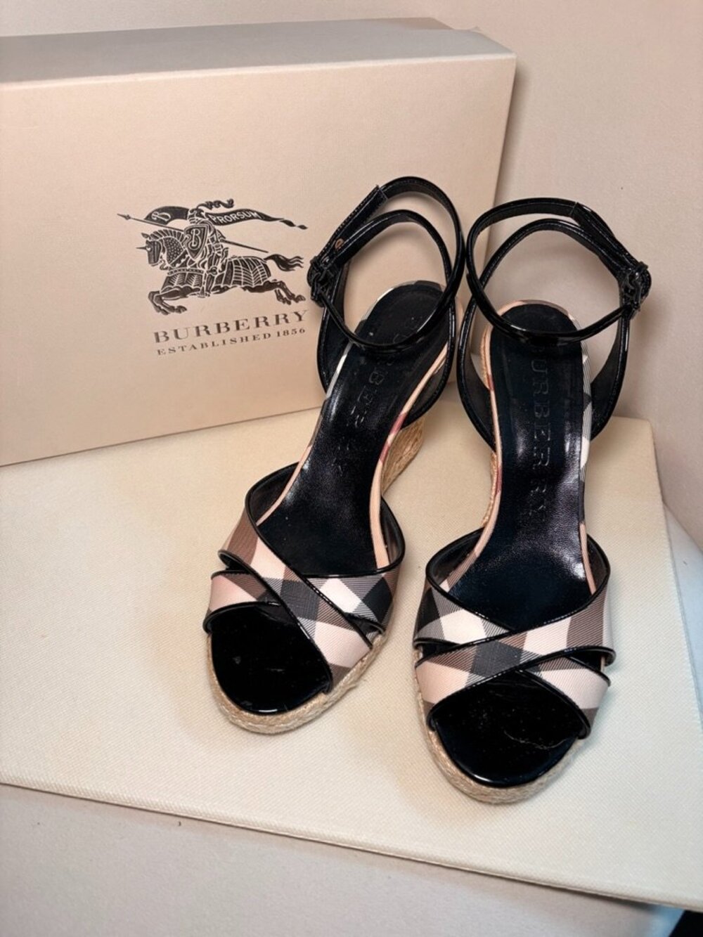Burberry Nova Check canvas and black patent leather Espadrille Wedges, Sz 40.5